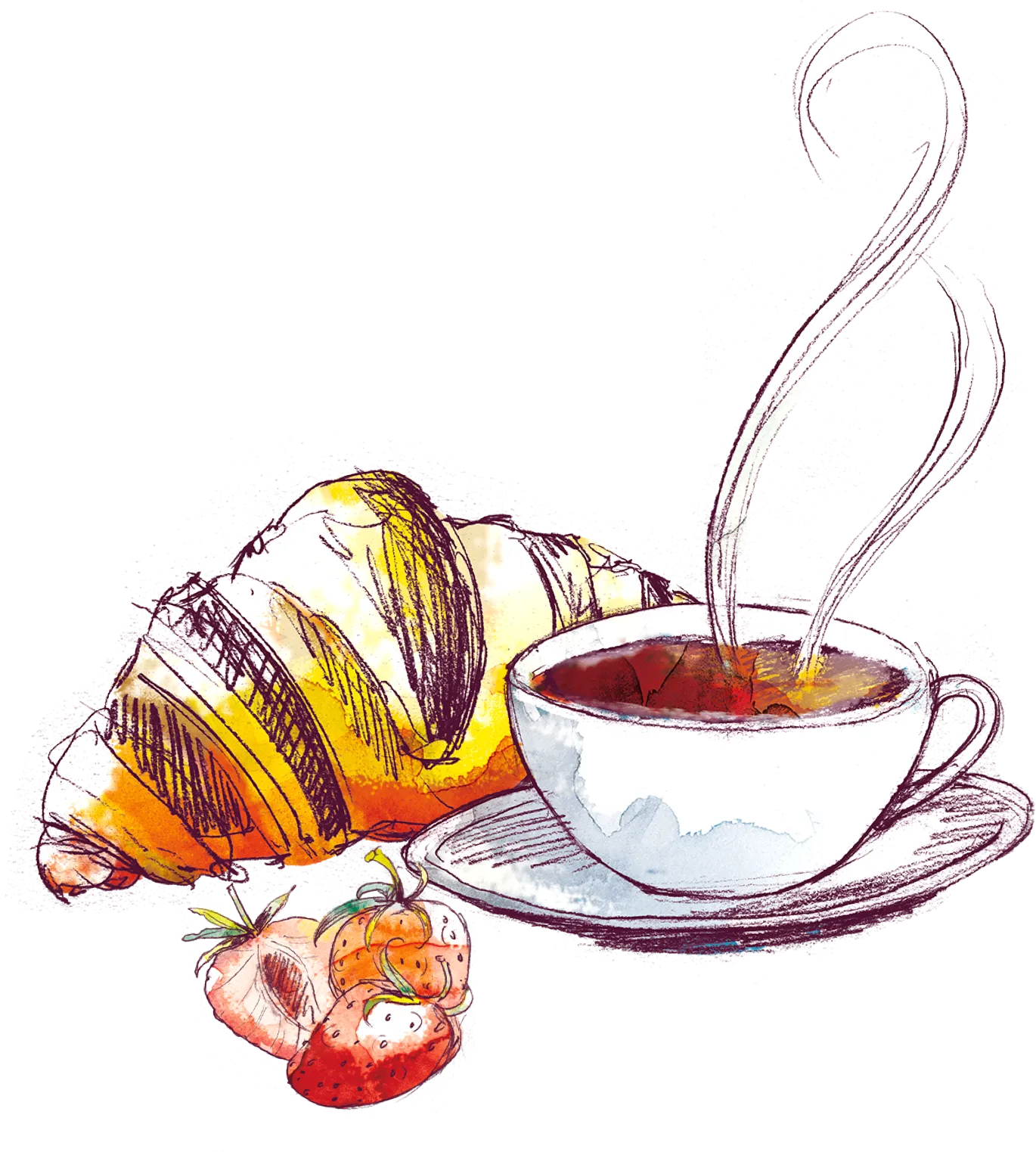 Illustration Croissant, Kaffee und Erdbeeren